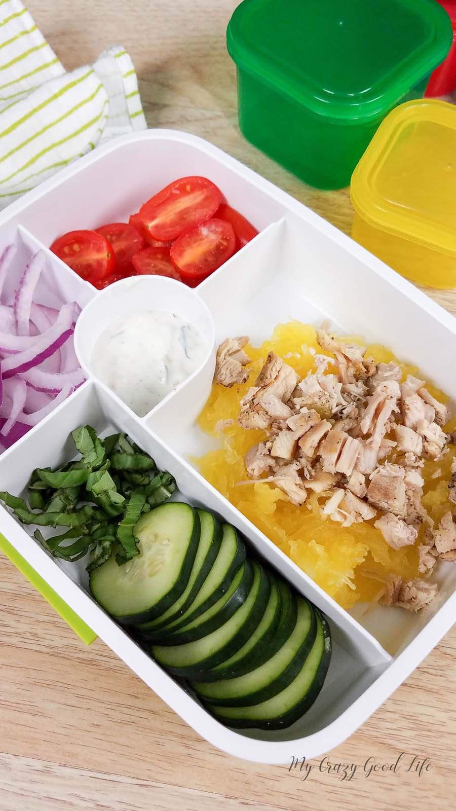 spaghetti squash gyyo bowl in a white meal prep container