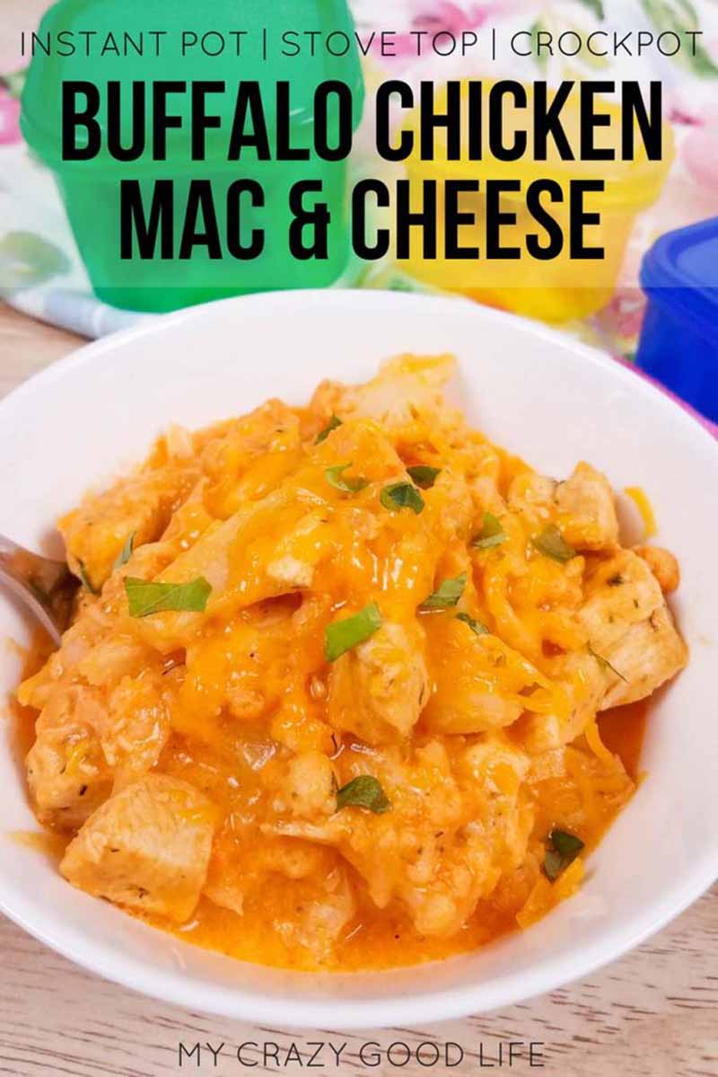 This healthy buffalo chicken mac and cheese is made with cauliflower, and I've included information for both the 21 Day Fix and 2B Mindset. This spicy cauliflower mac and cheese with chicken is that it's got a boost of protein, no FFCs, and veggies first, so it's also good for a 2B lunch or dinner! Instant Pot, slow cooker, and stove top directions included. #2BMindset #21DayFix #recipes #instantpot