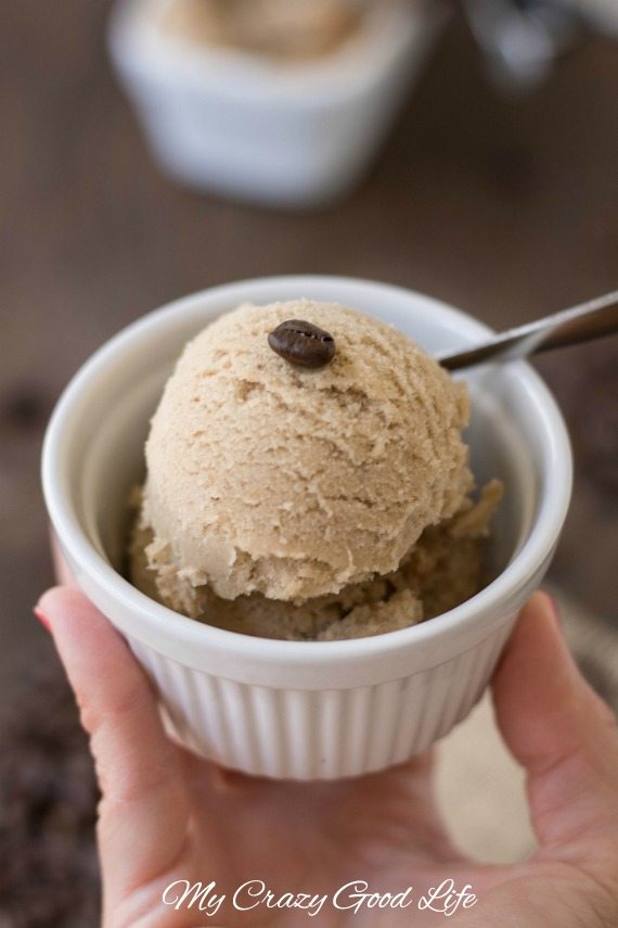 coffee ice cream in a white bowl