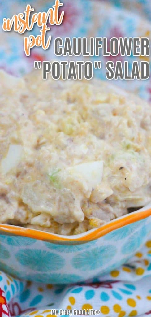 close up of a bowl of cauliflower potato salad