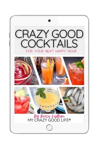 Crazy Good Cocktail ebook cover on white ipad. Cover shows six different cocktail images.