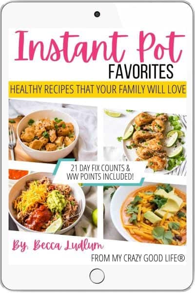 ipad cover of Instant Pot Favorites ebook with four images. Orange Chicken, drumsticks, burrito bowl, and sweet potato chili are pictured.