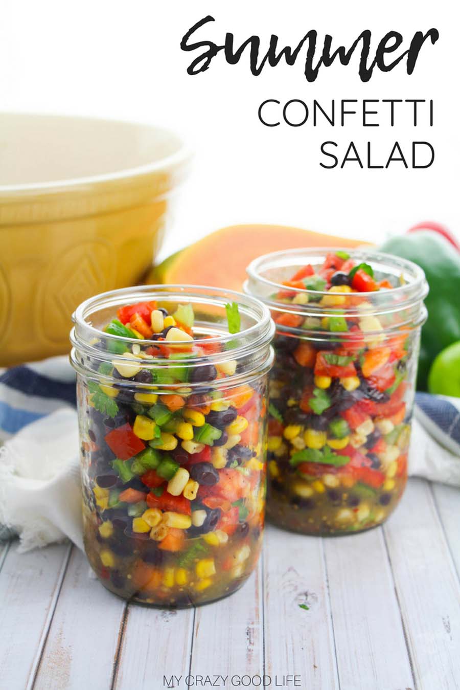 This Summer Confetti Salad with corn is a high fiber, high protein salad and makes a great side dish or summer appetizer served with chips! Also, a great lunch served with fresh tortillas. Healthy Dip Recipe | Cowboy Caviar | Confetti Corn Salad | Summer Recipe | #healthy #BBQ #sidedish #corn #confettisalad #cowboycaviar #mango #papaya