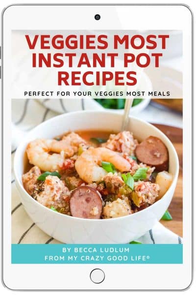 ebook cover with a bowl of jambalaya. Words read Veggies Most Instant Pot Recipes