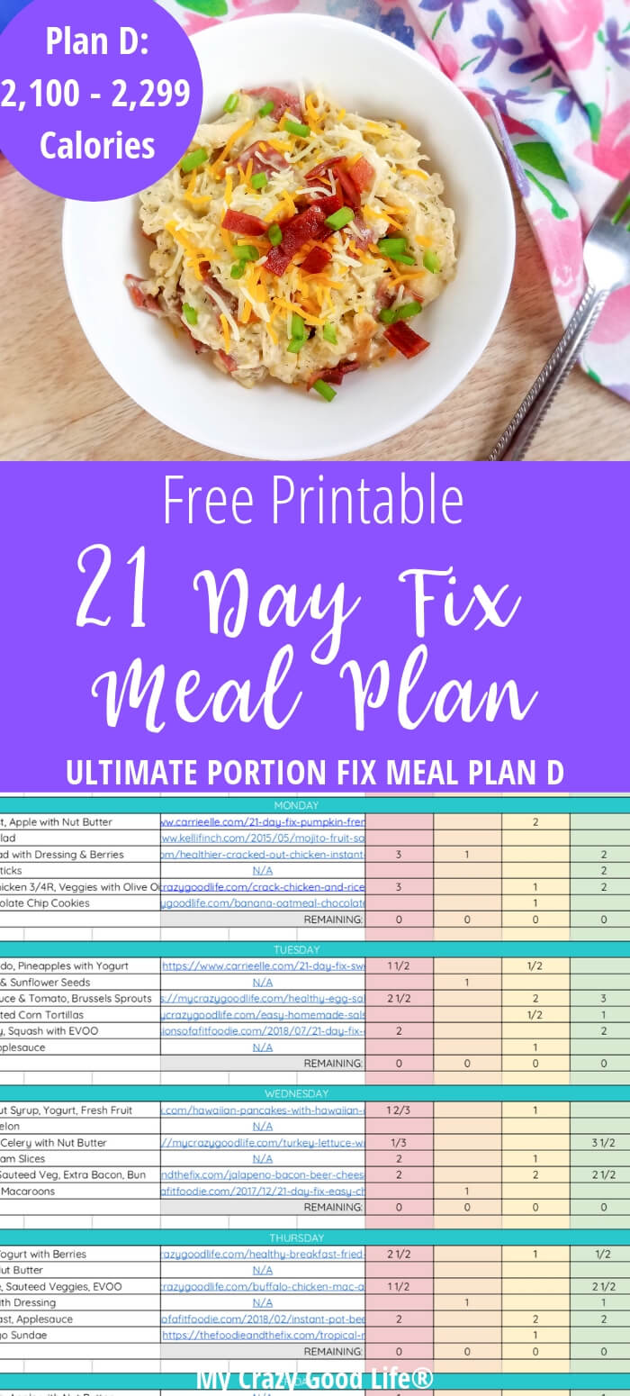 This free printable 21 Day Fix meal plan is for Bracket D (2100-2299 calories). This Ultimate Portion Fix meal plan is updated for Plan D. Check the website for other brackets! 21 Day Fix Meal Plans | Portion Fix Meal Plans | Beachbody's UPF #21dayfix #beachbody #mealplans #portionfix 