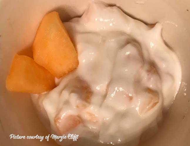 cantaloupe cut up and mixed in with greek yogurt