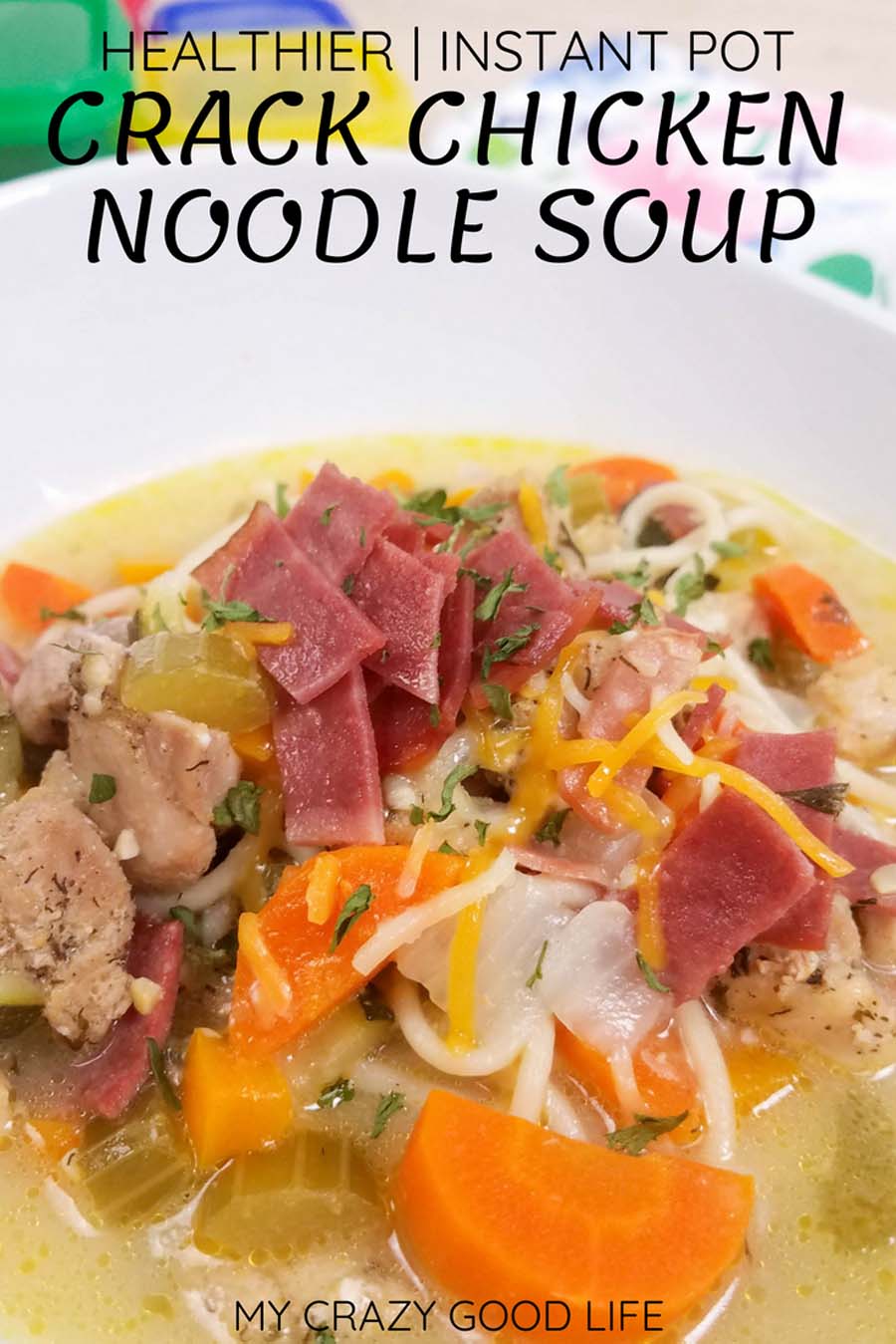 If you love Crack Chicken, you're going to love this homemade Crack Chicken Noodle Soup Recipe! The mix of cheese, bacon, and ranch in this comforting homemade soup is perfect on a chilly day. This is healthy Crack Chicken Soup, so you won't feel bad about saving the leftovers to eat all week! Cracked Out Chicken | Instant Pot Crack Chicken Soup | Slow Cooker Crack Chicken Soup | Healthy Soup Recipe #21dayfix #healthy #weightloss #weightlossrecipes #2bmindset #beachbody #healthysoup