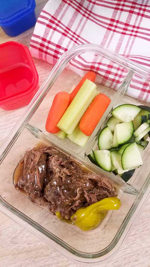 mississippi pot roast plus veggies in a glass meal prep container