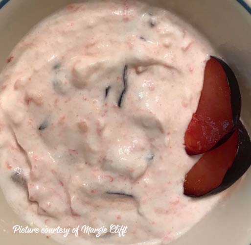 Bowl of Greek yogurt with black plums mixed in and on top