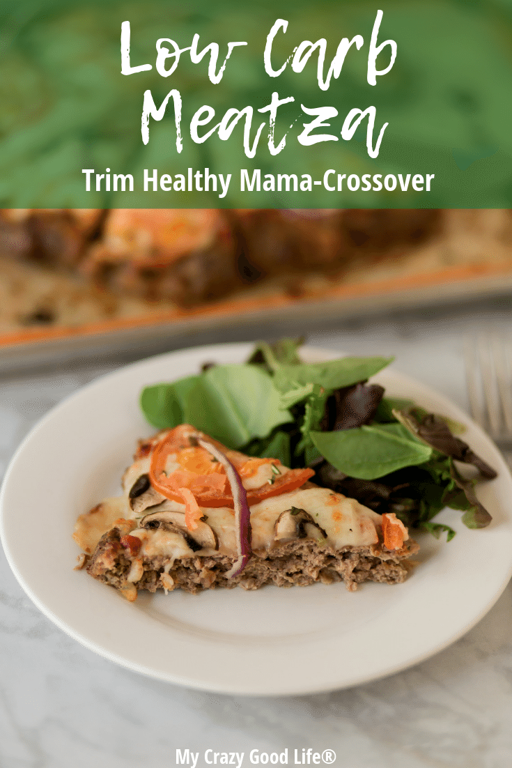 Trim Healthy Mama Meatza recipe with plan info at the top.