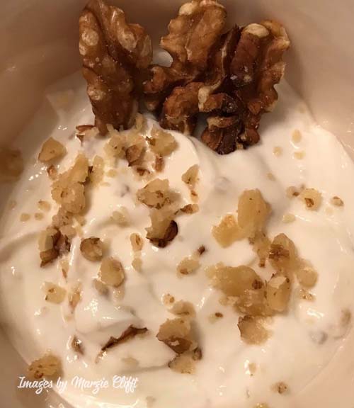Bowl of greek yogurt with walnuts chopped and mixed in