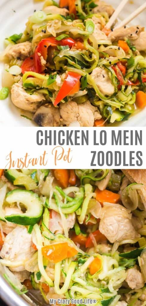 collage of chicken lo mein close up shots with text for pinterest