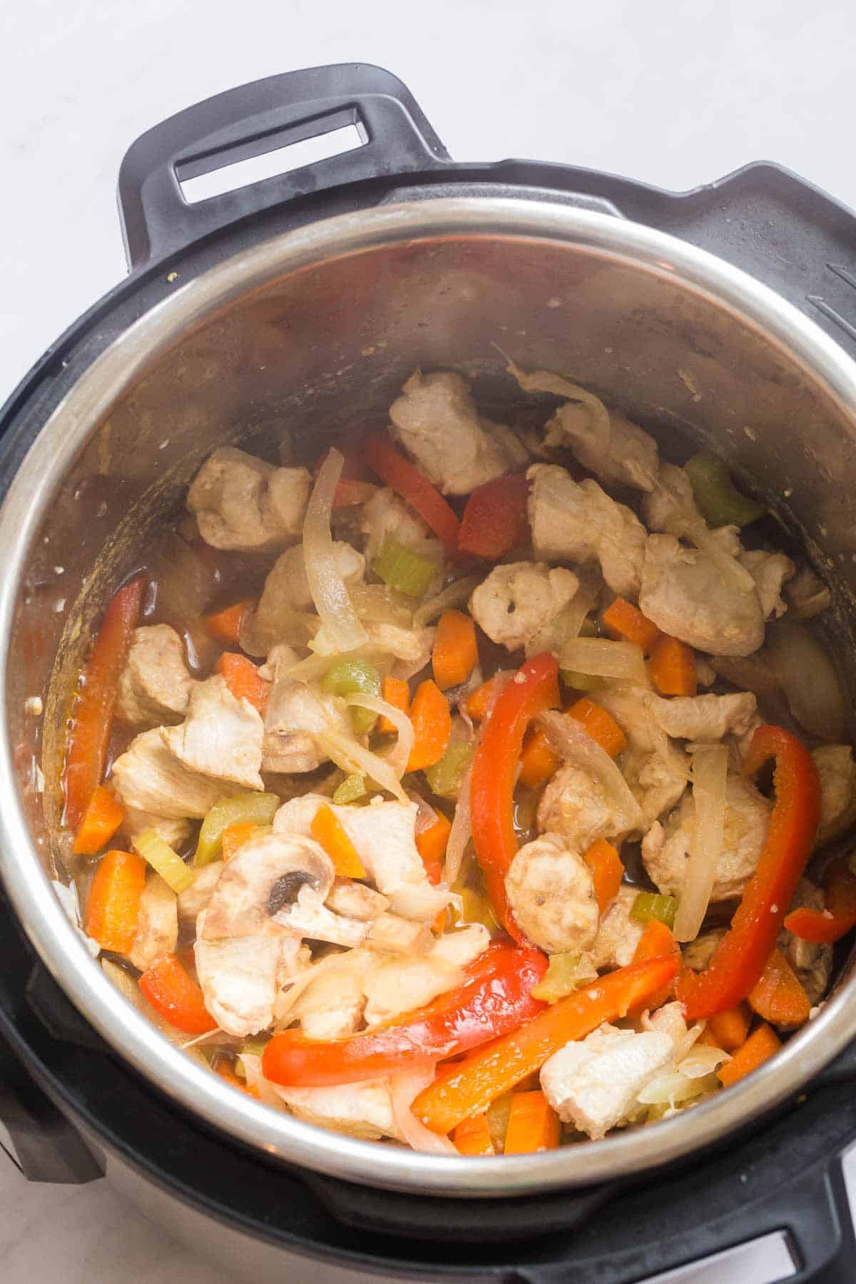 cooked instant pot chicken lo mein in the pot