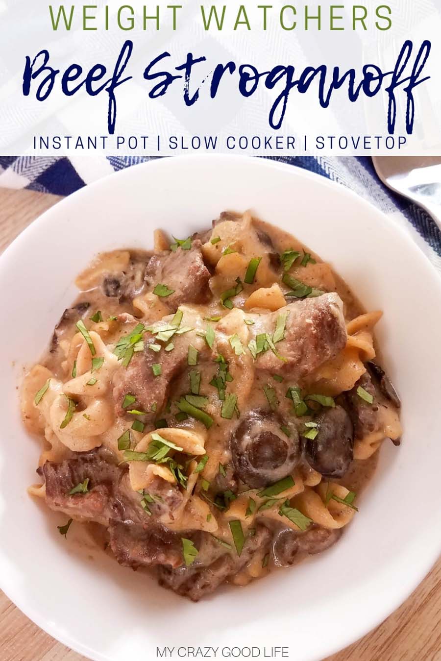 This healthy Weight Watchers Beef Stroganoff recipe is a delicious weeknight dinner that can be made in the Instant Pot, slow cooker, or on the stove! It's a healthy version of the classic beef strogrnoff recipe you love. Healthy Weight Watchers Dinner | Instant Pot Beef Stroganoff | Healthy Beef Stroganoff #weightwatchers #freestylepoints