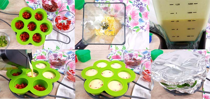 collage of images showing how to make bacon egg bites