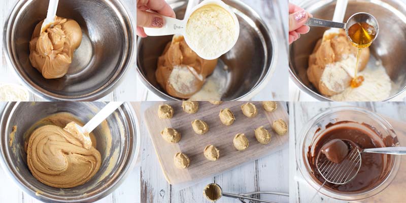 collage of 6 images showing how to make healthy buckeyes