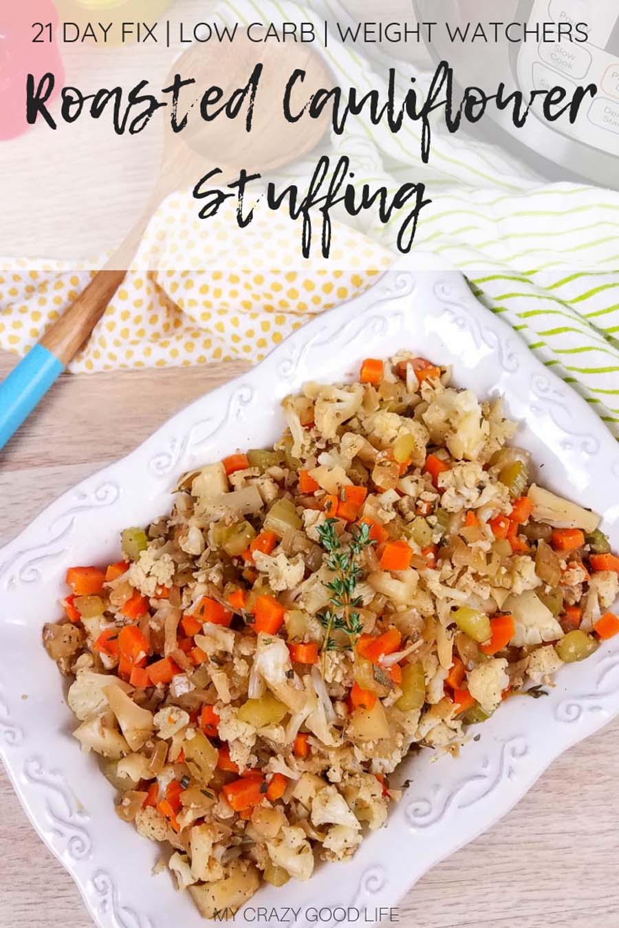 This low carb Cauliflower Stuffing can be made in the Instant Pot or in the oven, and is the perfect Thanksgiving side dish! All of the delicious stuffing flavors with less carbs and calories than your traditional stuffing recipe–that means I can eat more! Vegan Stuffing Recipe | Low-Carb Stuffing Recipe | Holiday Side Dish | Roasted Cauliflower Rice Stuffing | Healthy Cauliflower Rice Recipes #stuffing #thanksgiving #healthy