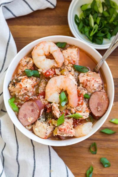 Bowl of crockpot jambalaya.