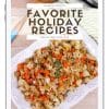 top down view of a white serving dish with cauliflower stuffing on it, and text with the book name