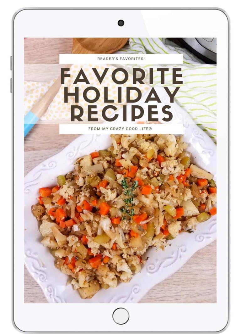 top down view of a white serving dish with cauliflower stuffing on it, and text with the book name