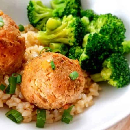 Weight Watchers Teriyaki Meatballs with Rice on a white plate