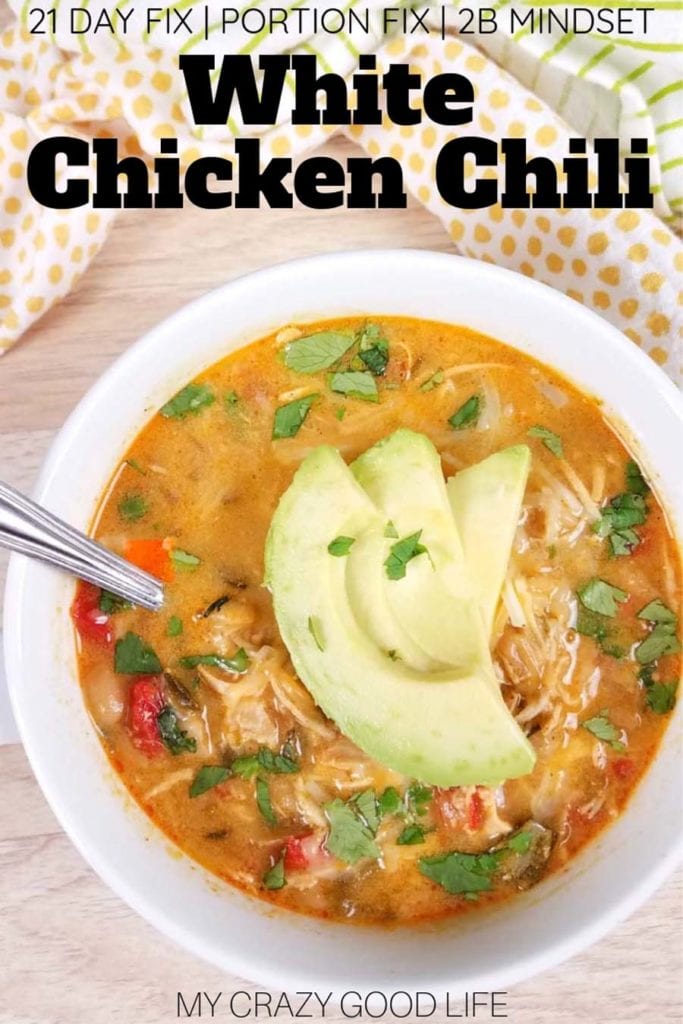 Healthy and Creamy White Chicken Chili with Greek Yogurt can be made in the crockpot, Instant Pot, or on the stove! This spicy chili recipe is perfect for your holiday grazing table! 21 Day Fix Chili | 2B Mindset Chili | Portion Fix Chili | Healthy Chili Recipe #21dayfix #2bmindset #beachbody #chili