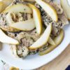 These easy Crockpot Pork Chops with Pears are a delicious family friendly weeknight meal! This healthy slow cooker pork recipe is easy to meal prep and eat all week! If you like Crockpot Pork Chops with Apples, you're going to love this recipe with pears! 21 Day Fix Pork Chops | healthy Crockpot Pork Chops