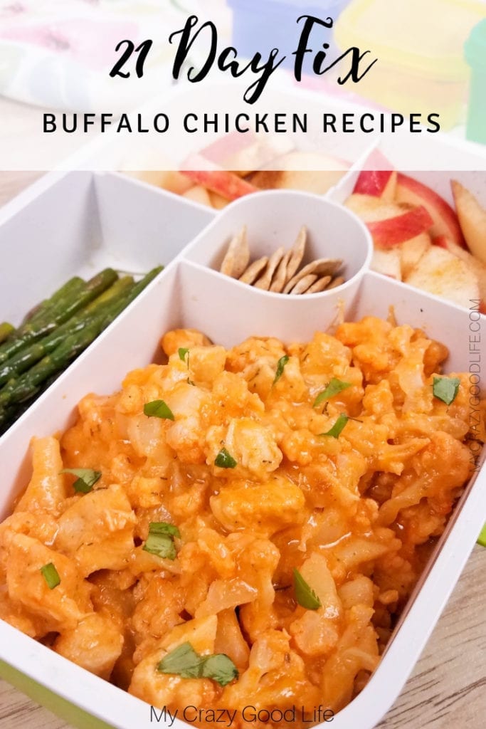 Buffalo chicken cauliflower mac and cheese in a meal prep container with title across the top. 
