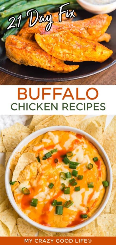 collage with pictures of buffalo chicken tenders and buffalo chicken dip, with text for pinterest. 