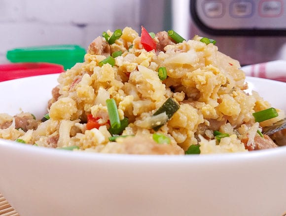 This Cauliflower Fried Recipe is an easy and delicious weeknight meal! Cauliflower Chicken Fried Rice is low carb and keto, healthy and so easy to adapt for your preferences! Instapot Cauliflower Fried Rice | Instant Pot Cauliflower Fried Rice | Slow Cooker Cauliflower Fried Rice | 21 Day Fix Cauliflower Fried Rice | Weight Watchers Cauliflower Fried Rice #glutenfree #ww #21dayfix