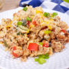 chorizo and eggs on white plate