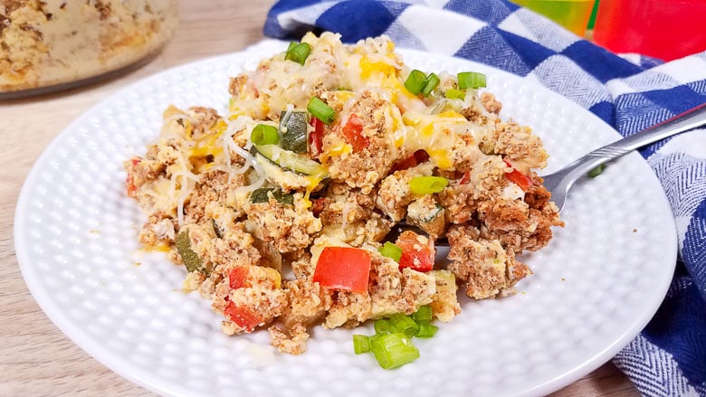 chorizo and eggs on white plate