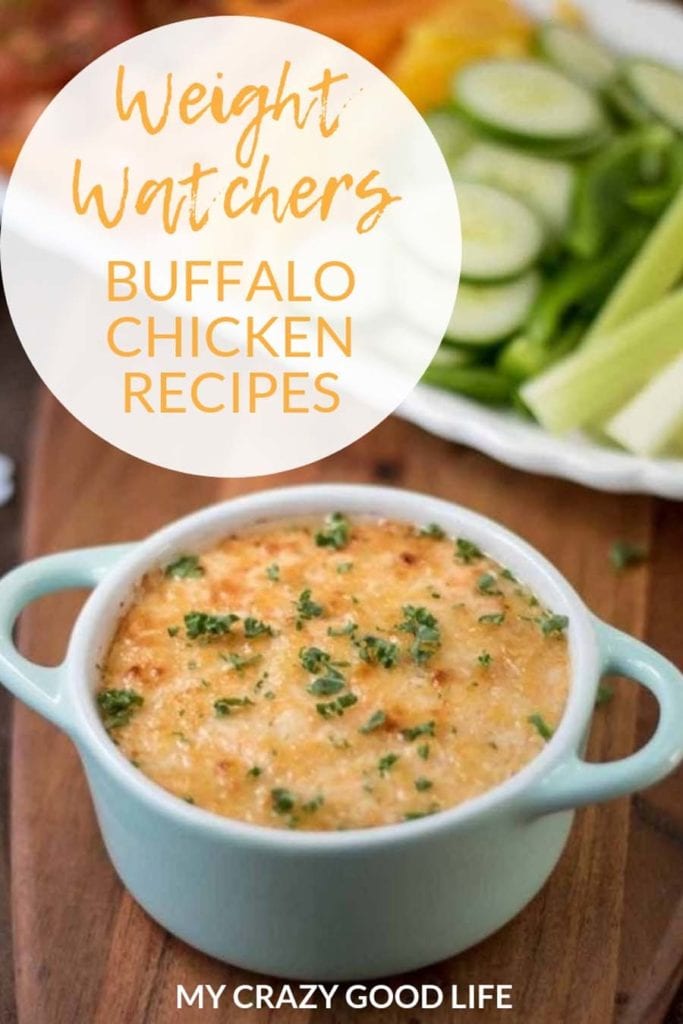 White ramekin baked with buffalo chicken dip inside with circle in upper lefthand corner that say Wight Watchers Buffalo Chicken Recipes.