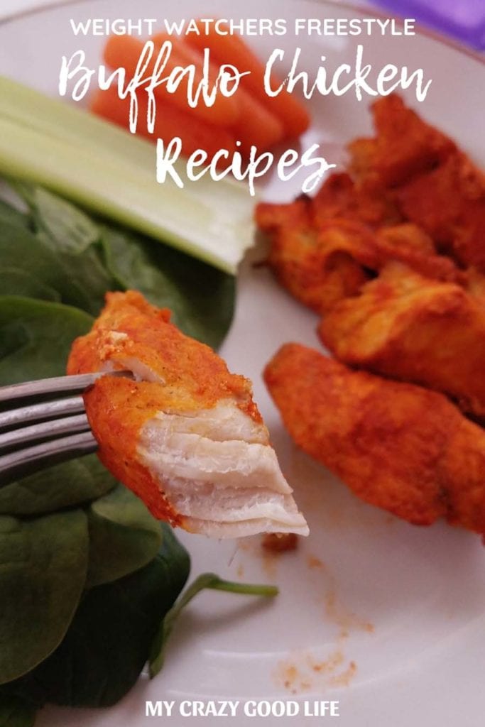Buffalo chicken tenders on a fork with a bit taken out of it. Title at the top says Buffalo Chicken Recipes with not about Weight Watchers Freestyle.