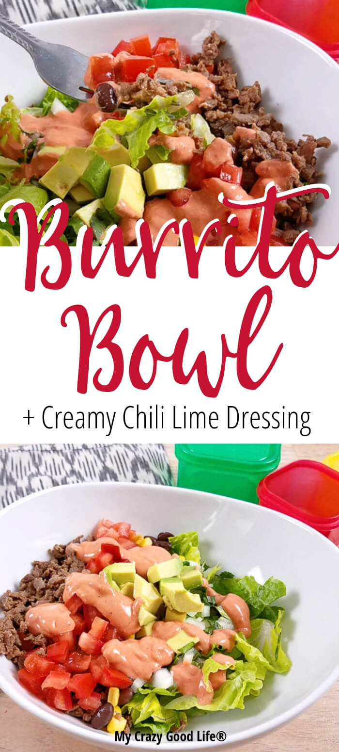 This Carne Asada Burrito Bowl includes a recipe for Homemade Creamy Chili Lime Dressing that's going to be your next favorite healthy dressing recipe! Citrus-seasoned Carne Asada and delicious vegetables and black beans make a delicious Mexican dinner for your Carne Asada leftovers!