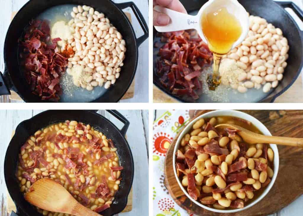 collage of images showing steps to make healthy pork and beans recipe