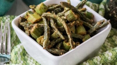 air fried orka and green beans in a white bowl