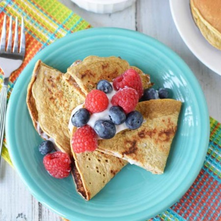 image of healthy crepes with fruit and greek yogurt on a turquoise plate