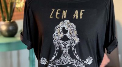images of black tshirt with yoga girl and saying Zen AF