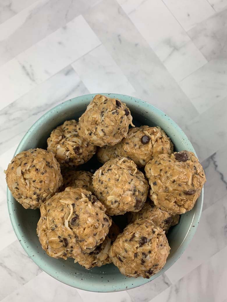 image of turquoise bowl full of protein balls