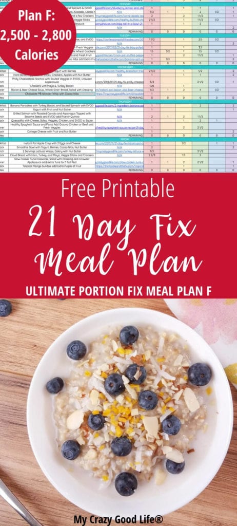 Ultimate Portion Fix Meal Plan F is the highest calorie bracket for the program. This 21 Day Fix meal plan covers the 2,500 - 2,800 calorie range for bracket F. It's an easy to follow, healthy meal plan! 