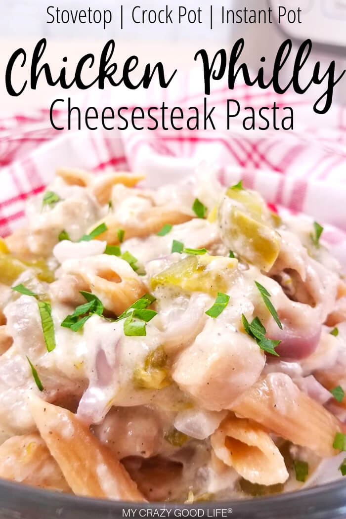 This healthy Chicken Philly Cheesesteak Pasta recipe is a delicious Instant Pot recipe that can also be made in the Crock Pot or on the stove! Cheesy pasta with chicken and peppers–this simple but delicious recipe is healthy and family friendly. 