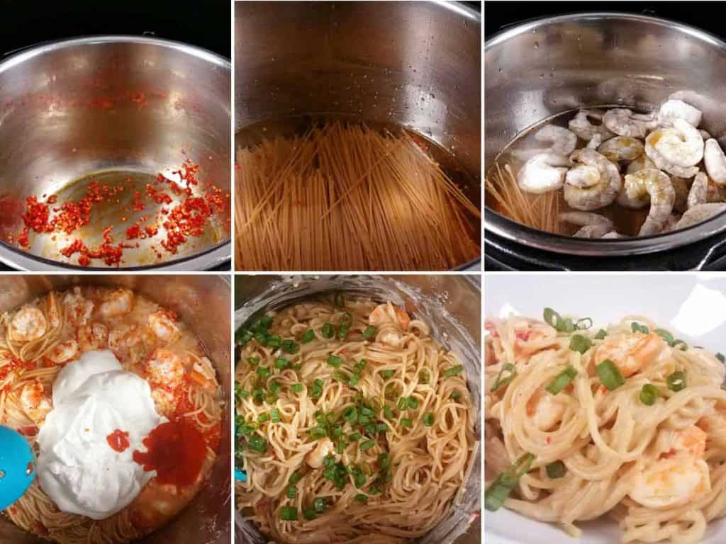 collage with six images showing steps needed to make Healthy Bang Bang Shrimp Pasta