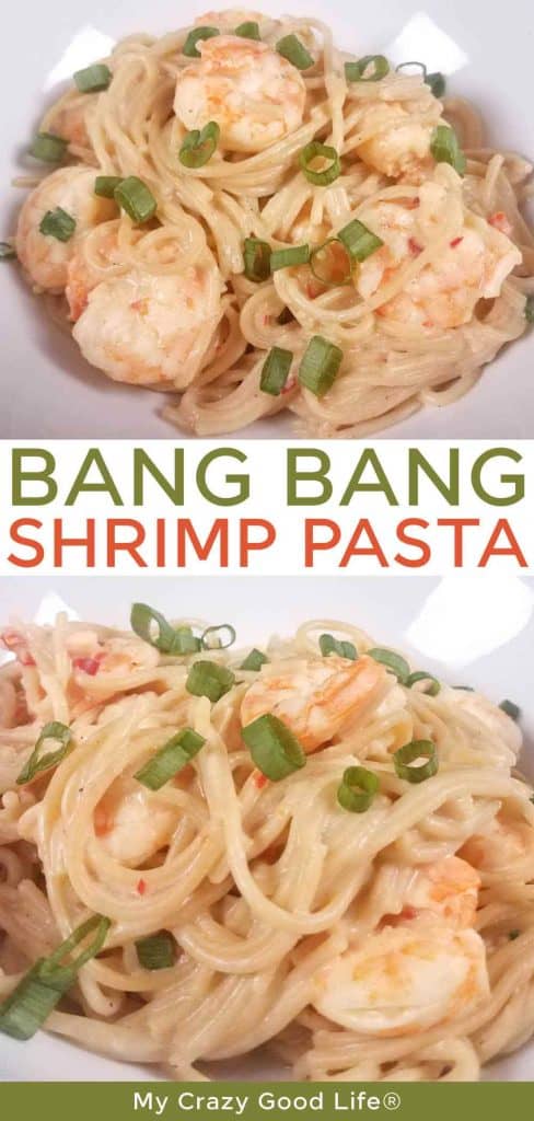 pinnable image with text and two pictures of Healthy Bang Bang Shrimp Pasta