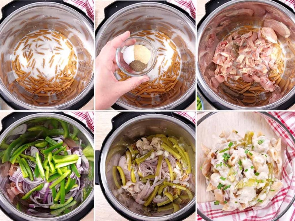 collage of six images showing steps to make Healthy Chicken Philly Pasta