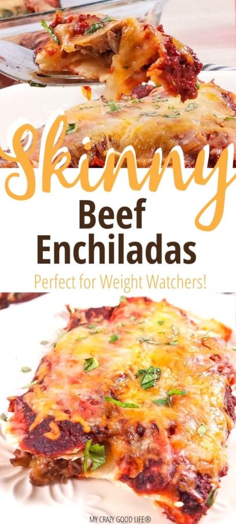 Weight Watchers beef enchiladas are made with shredded carne asada and homemade red sauce for a tasty and authentic enchilada recipe. Healthy, skinny, beef enchiladas that no one will know are lightened up!  