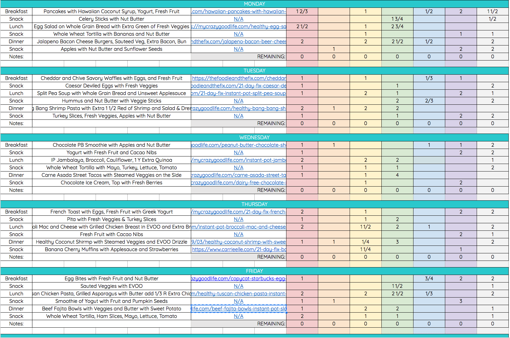 21 Day Fix Meal Plan B  Eating Plan B 1,500 - 1,799 Calories : My