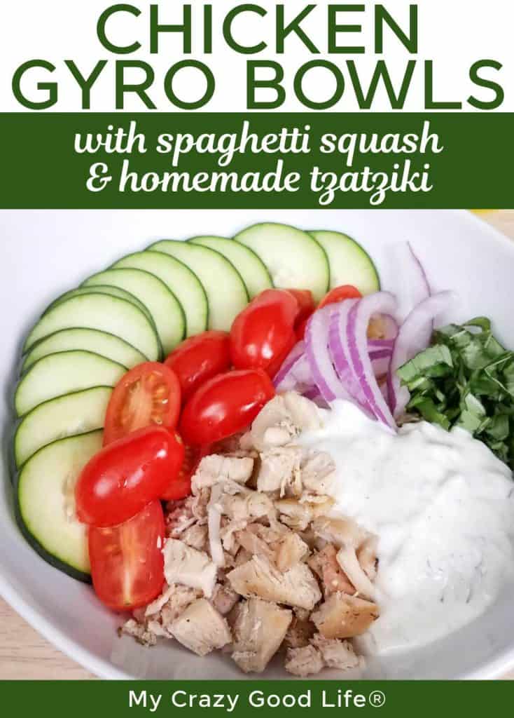 cooked chicken gyro bowls with fresh veggies and homemade tzatziki sauce. picture has text for pinterest.