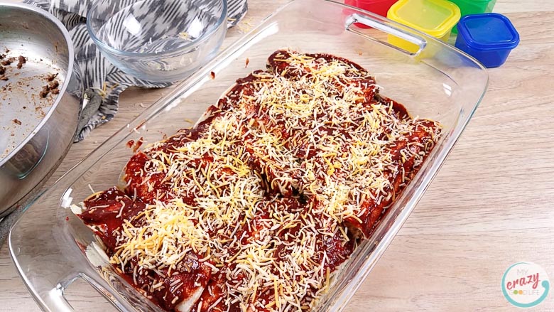 image of finished beef enchiladas ready to go into the oven