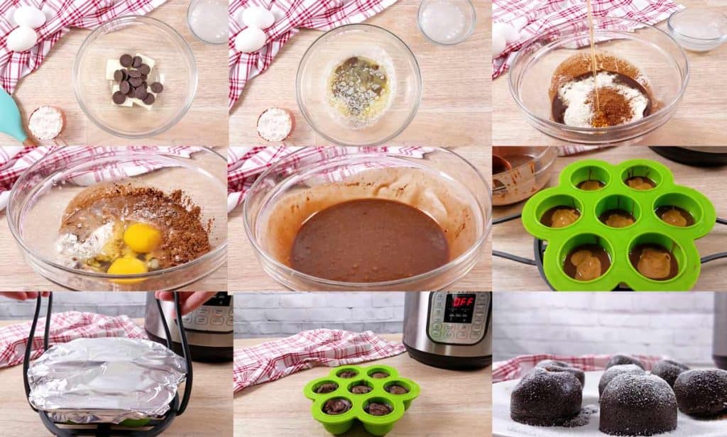 collage of images showing steps to make Instant Pot Peanut Butter Lava Cake